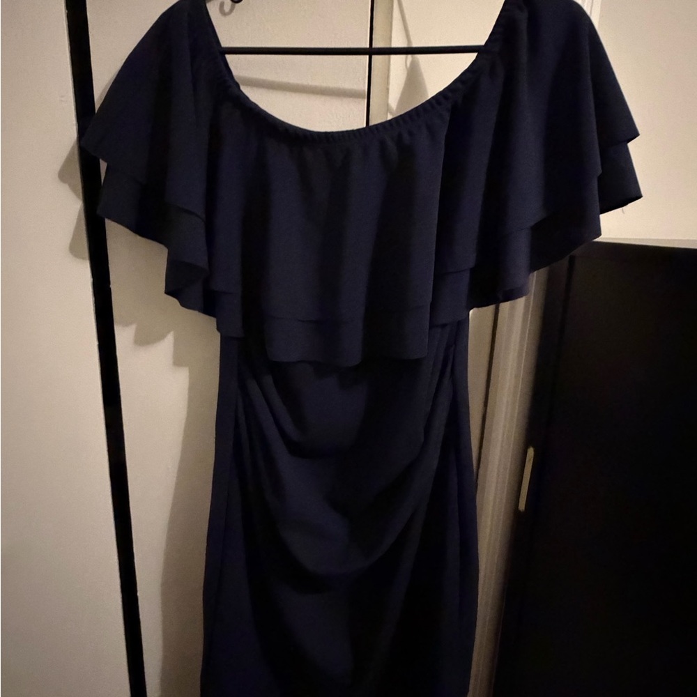Navy Ruffle Off Shoulder Ruched Maternity Dress - Picture 6 of 7